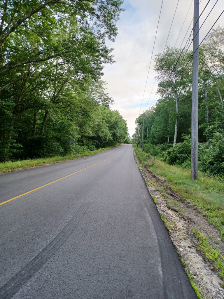 Gravity HIll--shows a blacktop, treelined road with skid marks.